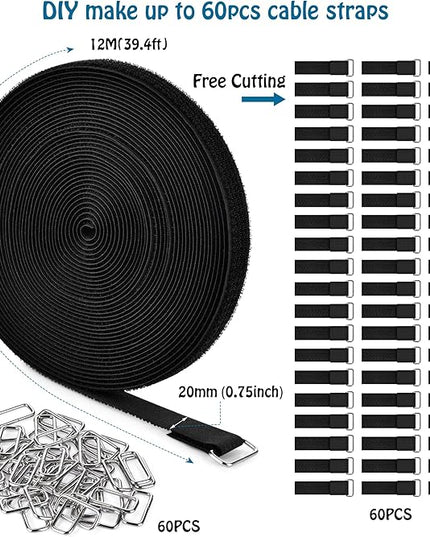 0.75" x39.4ft Hook and Loop Straps with 60 Buckles Adjustable Cut-to-Length Cable Ties - Reusable Nylon Fastening Tape Cable Straps for Storage or Organization (0.75in x 39.4ft)