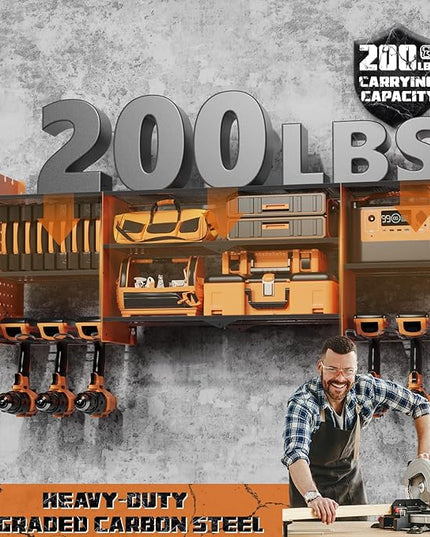 Power Tool Organizer Wall Mount, Expanded Width Garage Storage 3 Layer Heavy Duty Power Tool Storage Rack, 45.5" Battery Tools Holder with Charging Station Shelf