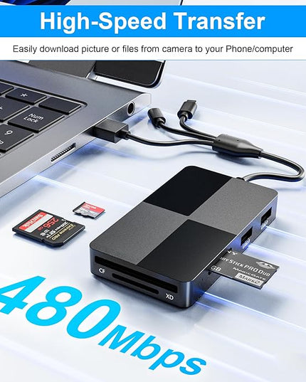 Memory Stick Pro Duo Adapter Reader - 8 in 1 XD/MS/TF/CF/SD Card Reader for iPhone/PC/Android/Lightning Device, Multi Memory Card Reader with 3 USB 2.0 Ports, USB C OTG Adapter XD Picture Card