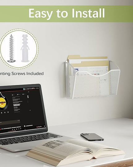 EasyPAG Single Pocket Wall File Organizer, Mesh Hanging File Folder Organizer for Letter/A4 Size Folders, Wall Mounted Vertical Mail Holder for Paperwork, Office, Home, School, White