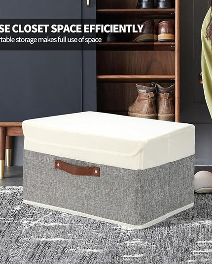 9 Pack Decorative Storage Bins Containers & Fabric Bins with Lids Storage Baskets for Shelves Drawers, Desktop, Closet, Playroom, Classroom, Office, Bedroom, Home, Garage (white/grey, 14.9X10X10)