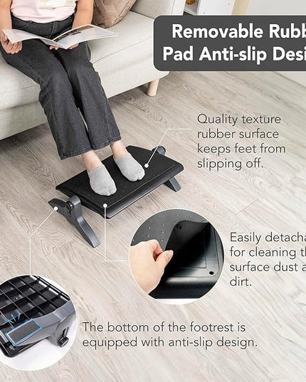 EHO Ottoman, Ergonomic Foot Rest for Under Desk, Adjustable Height and Angle, Rubber Platform, Anti-Slip, Ankle Support, Detachable Washable Cushion, Back and Leg Pain Relief, 21.6"L x 11.4"W, Black