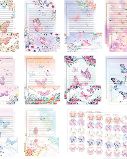 TaoBary 160 Pcs Stationery Paper Set 50 Double Sided Stationery Papers with 50 Matching Envelopes and 60 Round Dot Sticker, 10 Design(Watercolor Butterfly,8.5 x 11 Inch)