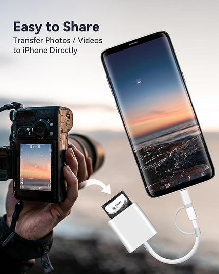 SD Card Reader for iPhone iPad, Dual Connector (Lightening&USB-C) Micro SD Memory Card Reader, 2 in 1 SD and TF Card Adapter Portable Trail Camera Viewer, No Driver Needed, Plug and Play
