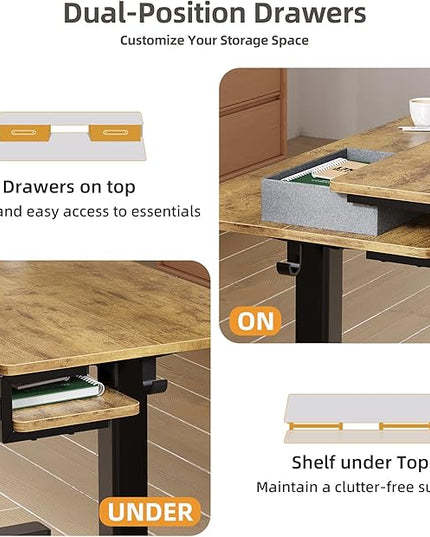 Seang Electric Standing Desk with 2 Drawers, Adjustable Standing Desk with Storage Shelf, Height Adjustable Stand up Desk for Home Office with 3 Presets & 2 Hooks, 55 Inch, Rustic Brown