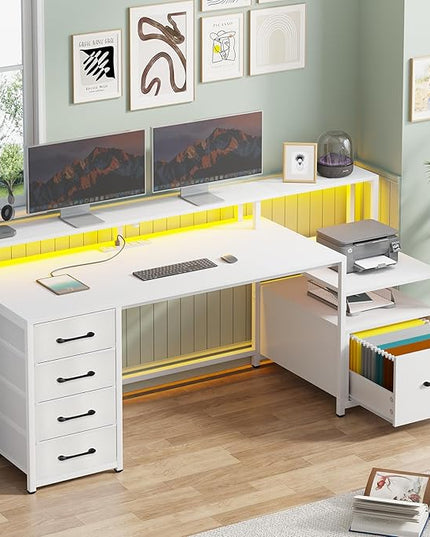 SEDETA White Computer Desk with 5 Drawer & Power Outlet, 66'' Home Office Desk with File Drawer, Storage Shelves, Printer Cabinet and Monitor Shelf, Gaming Desk with Led Lights