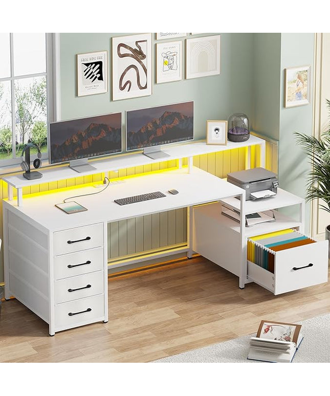 SEDETA White Computer Desk with 5 Drawer & Power Outlet, 66'' Home Office Desk with File Drawer, Storage Shelves, Printer Cabinet and Monitor Shelf, Gaming Desk with Led Lights