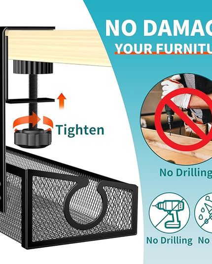 Under Desk Cable Management Tray Black, No Drill Desk Cable Wire Management Organizer with Clamp, PC Cord Organizer Accessories & Workspace for Office, Home