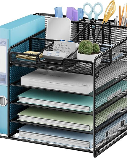 Lavatino Desk Organizer, 5-Tier Metal Mesh Paper Letter Tray with 1 File Holders & 7 Flexible Dividers for Office or Home Desk Organizers and Accessories, Keep Workspace Supplies Neat, Black
