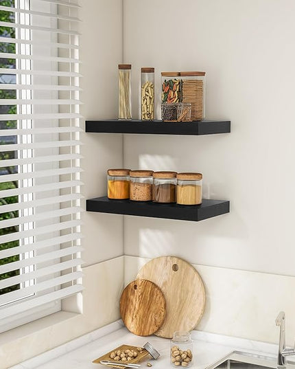 RICHFOCUS 16Inch Floating Shelves for Wall 2 Pack Shelves for Bedroom|Kitchen|Bathroom Wall Mounted Rustic Wood Floating Shelf with Invisible Brackets for Books|Storage|Decor, Black