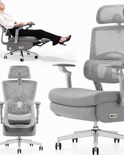 Dual-Motor Home Office Chair with Lumber Support, Reclining Mesh Chair with Footrest, 3D Headrest & 6D Armrests, Reclining Big and Tall 400LBS,Adjustable Back High (Modern, Gray)