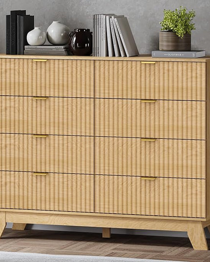 BORNOON Fluted 8 Drawer Tall Dresser, 47.2" Wide Modern Boho Chest of Drawers, Wooden Storage Dresser TV Stand for Bedroom, Living Room, Closet, Hallway, Curved Profile Design