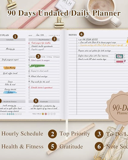 Lanpn Undated Daily Planner Hourly Schedule Notebook, 196 Pages 2 Page per Day To Do List Notebook Notepad Appointment Work Planner, Hardcover Daily Journal Organizer Book For Women 7.7" x 9.3" Beige