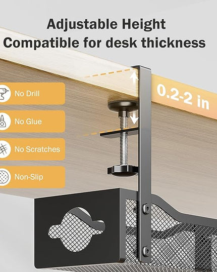 DELAMU 25'' Upgraded Under Desk Cable Management, No Dill Desk Cable Management with F-Clamp, Metal Cable Management Tray to Cord Organizer for Home Office, 1 Pack, Black