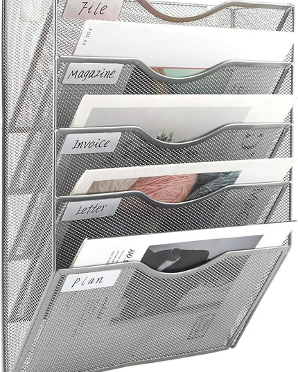 EasyPAG Hanging Wall File Organizer, 5 Pocket Wall Mounted Mail Organizer, Vertical Document Folder Holder with Nametag Label, Space Saving Paper Storage Magazine Rack for Office Home School, Silver