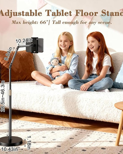 iBooMas iPad Stand,Tablet Floor Stand with Wireless Remote, Full-Angle Adjustable Overhead Phone Mount for Bed, 66" Tall Metal Stand with Heavy Base for iPad iPhone Kindle 4.7-12.9 Inch