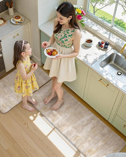 Collive Kitchen Mats Cushioned Anti Fatigue, Abstract Kitchens Floor Mat Non Slip Desk Rugs Waterproof, Beige Memory Foam Comfort Standing Rug for Sink, Home Decor, 17"x59"+17"x29"