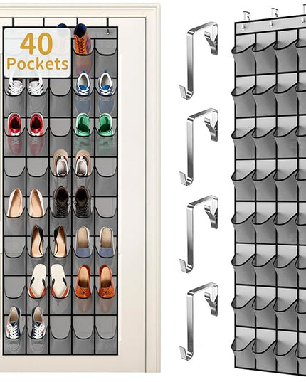 Over the Door Shoe Organizer with 40 Large Pockets, Multi-Purpose Storage for Shoe and Accessories, Durable Fabric with Adjustable Hooks for Home Closet Bedroom Entryway-Grey