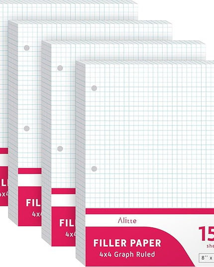 Alitte Loose Leaf Graph Paper, 4x4 Grid, 600 Sheets (150/Pack) Graphing Paper for School, College, Office - 3 Hole-Punch Sheets for Ring Binders, Notebooks, Pocket Folders - White, 8 x 10.5 inches