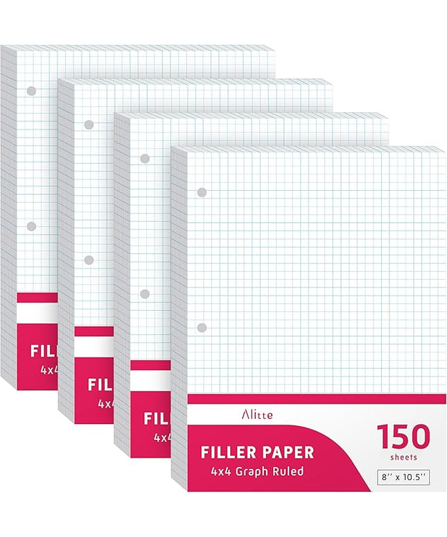 Alitte Loose Leaf Graph Paper, 4x4 Grid, 600 Sheets (150/Pack) Graphing Paper for School, College, Office - 3 Hole-Punch Sheets for Ring Binders, Notebooks, Pocket Folders - White, 8 x 10.5 inches