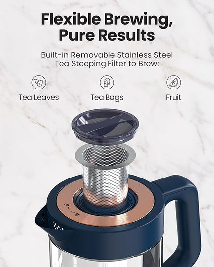 Vianté Electric Kettle With Infuser For Loose Leaf Tea. Hot Tea Maker With Temperature Control And Automatic Shut Off. Kettle With Brewing Programs. 1.5 Liters Capacity | Midnight Blue Color