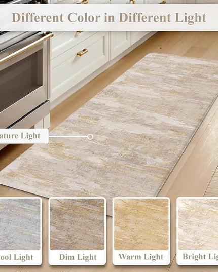 Collive Kitchen Mats Cushioned Anti Fatigue, Abstract Kitchens Floor Mat Non Slip Desk Rugs Waterproof, Beige Memory Foam Comfort Standing Rug for Sink, Home Decor, 17"x59"+17"x29"