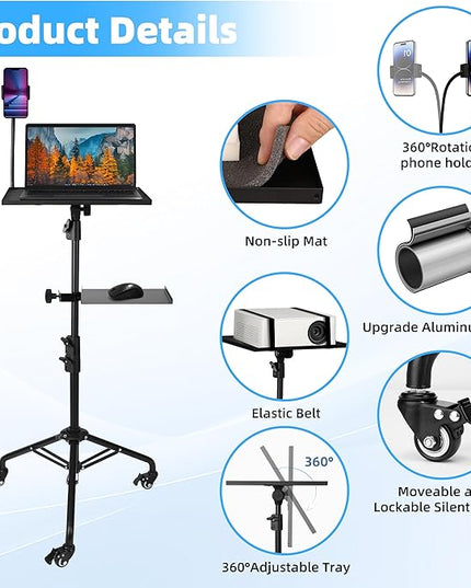Projector Stand Tripod – 24 to 59 Inch Adjustable Height – Dual Shelves Laptop Tripod Stand with Moveable Wheels and Phone Holder, Portable Laptop Stand for Office, Stage & Outdoor Use