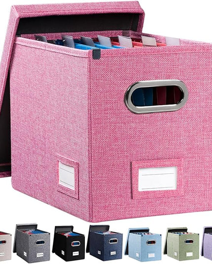 PRANDOM File Organizer Box - Set of 1 Collapsible Decorative Linen Filing Storage Hanging File Folders with Lids Office Cabinet Letter Size Pink (14x9.3x10.8 inch)