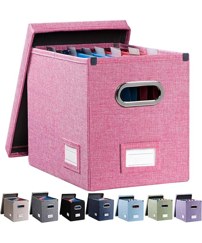 PRANDOM File Organizer Box - Set of 1 Collapsible Decorative Linen Filing Storage Hanging File Folders with Lids Office Cabinet Letter Size Pink (14x9.3x10.8 inch)