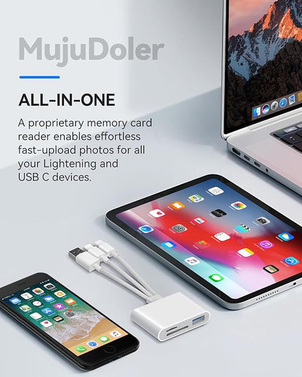 SD Card Reader for iPhone iPad Laptop 3-in-1 Connectors Memory Card Adapter with Dual Slots & USB Port Trail Game Camera Viewer for iPhone Mac MacBook Android Laptop White
