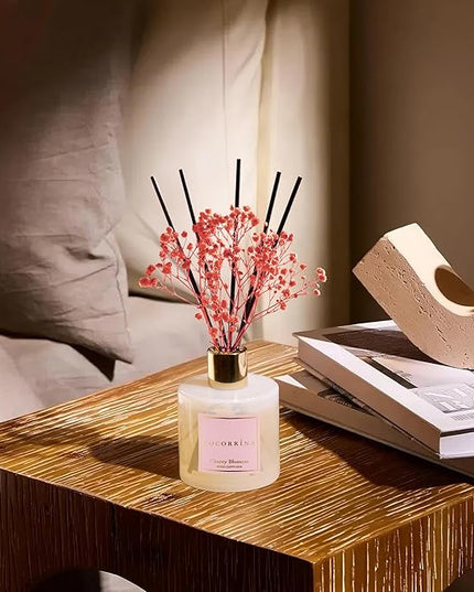 COCORRÍNA Reed Diffuser - Cherry Blossom 6.7 Fl.oz Reed Diffuser Set with Sticks & Preserved Baby's Breath, Reed Diffuser for Home Bathroom Shelf Decor
