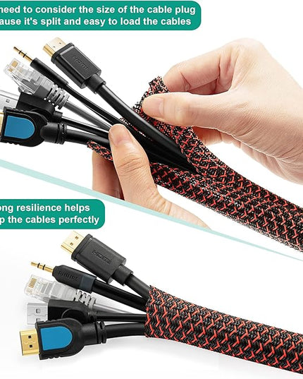 ZhiYo 6.6ft - 1/2 inch Cable Sleeve, Cord Wrap Wire Protector Tubing for Pets, PC Cable Wrap, Computer Cable Management Sleeve - Black - Red