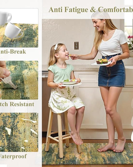 Collive Anti Fatigue Kitchen Rugs Sets of 2, Abstract Non Slip Waterproof Kitchen Mat Modern Runner Rug, Ergonomic Comfort Desk Rugs for Floor, 17"x59"+17"x29" Green/Yellow