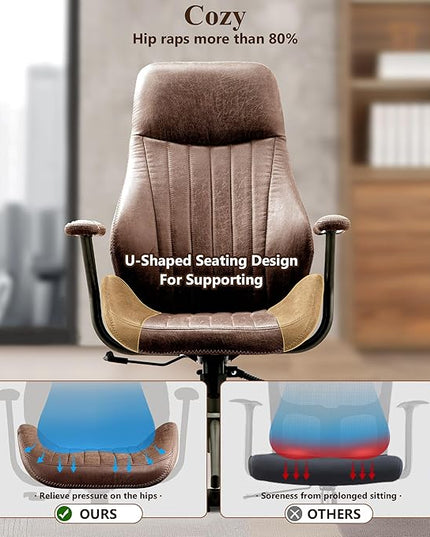 Mid Century Modren Office Chair,High Back Ergonomic Executive Chair with Lumbar Support, Computer Desk Swivel Task Chair with Wheels, Faux Lether Suede Fabric Home Chair (Dark Brown)