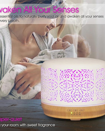 Earnest Living Essential Oil Diffuser White Ceramic Diffuser 500 ml Timers Night Lights and Auto Off Function Home Office Humidifier Aromatherapy Diffusers for Essential Oils