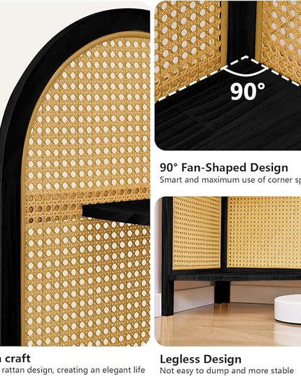 Corner Shelf Stand 4-Tier 70" Corner Shelves Display Shelf Pine Wood Frame with Rattan Wall Corner Bookshelf Multi Unit Organizer Rack with Legs for Living Room Decor,Small Space (Black)