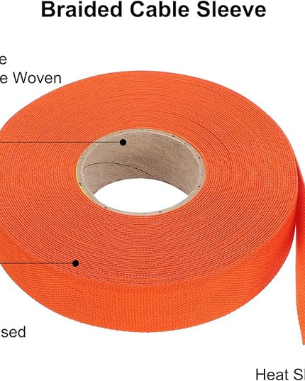 MECCANIXITY Braided Cable Sleeves Heat Shrinkable Fabric Sleeving, 7/8" 60ft Orange 2:1 Ratio Heat Shrinkable Cord Protector for Harness Cable, Network Cable Protection, Cable Management