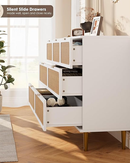 Garvee Rattan Dresser with 7 Drawers, Tall Modern Closet with Deep Storage, Large Chest of Drawers with Wide Top, Long Wooden Dresser for Bedroom, Living Room, Hallway, Kids Room, White