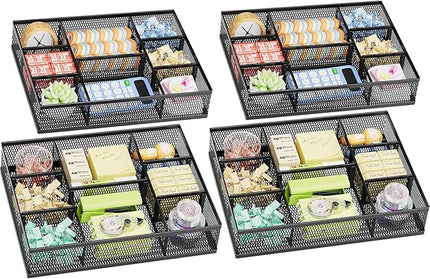 Marbrasse 2 Pack Desk Drawer Organizer, Mesh Drawer Organizer Tray with 8 Adjustable Compartments, Desk Organizers and Accessories, 5 Dividers Drawer for Office Supplies, Makeup & Vanity (Black-2P)
