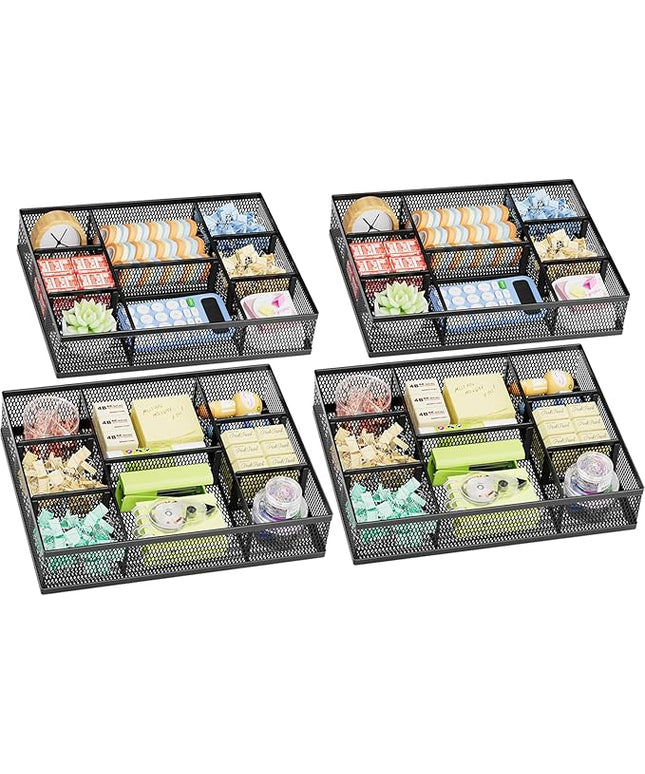 Marbrasse 2 Pack Desk Drawer Organizer, Mesh Drawer Organizer Tray with 8 Adjustable Compartments, Desk Organizers and Accessories, 5 Dividers Drawer for Office Supplies, Makeup & Vanity (Black-2P)