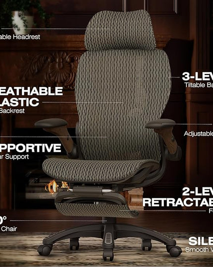 ELABEST X100 Ergonomic Office Chair with Footrest, Big and Tall Home Desk Chair with 5D Flip-Up Arms, Adjustable 3D Lumbar Support,High Back Rolling Computer Chair, Swivel Mesh Chairs (Coffee Break)