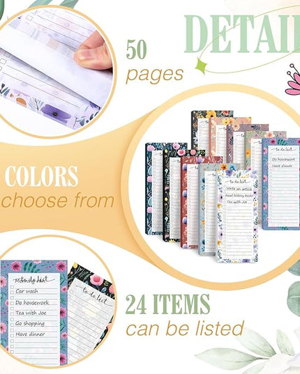 Censen 10 Pack 500 Sheets To Do List Notes Daily Checklist Notepads with 50 Sheets Each Undated Color Memo Pad Block Shopping List Pad Weekly Plan Notepad Organizer Planners(Flower Color,Lined)