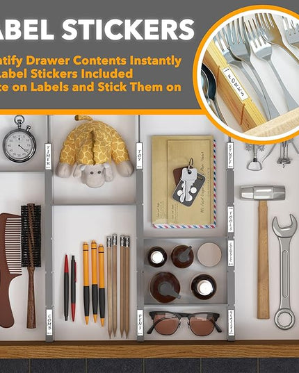 SpaceAid Bamboo Drawer Dividers with Inserts and Labels, Kitchen Adjustable Drawer Organizers, Expandable Organization for Home, Office, Dressers, 4 Dividers with 9 Inserts (17"-22" Gray)