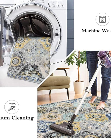 Lahome Moroccan Washable Hallway Runner Rug, 2'5''x8' Ultra-Thin Carpet Runners for Hallways Kitchen, Oriental Vintage Non-Slip Laundry Room Rug for Entryway Bedroom Bathroom, Yellow/Aqua