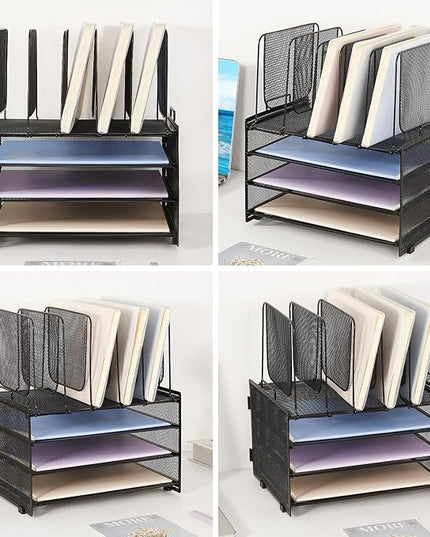 LEKETREE Desk Organizers and Accessories, 3-Tier Paper Organizer with 5 Vertical File Holders, File Folder Organizer (Black, 3T)