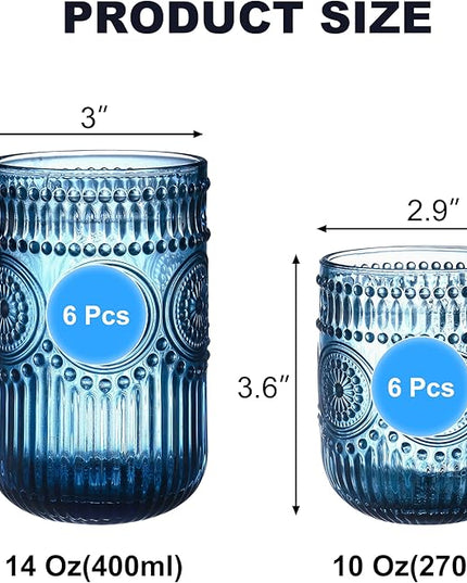 Blue Drinking Glasses Set of 12, 14 Oz Highball & 10 Oz Cocktail Glasses, Blue Kitchen Vintage Glassware Set, Floral Embossed Glass Tumbler Cups for Beer, Juice, Water, Whiskey, Coffee