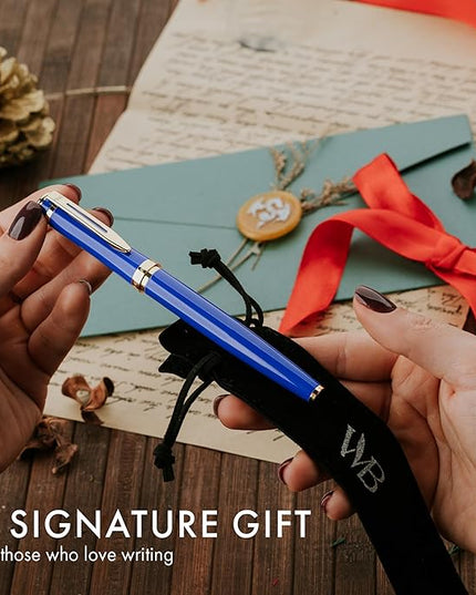 Wordsworth & Black Fountain Pen Set, 18K Gilded Medium Nib, Includes 24 Pack Ink Cartridges, Ink Refill Converter & Gift Pouch, Gold Finish, Calligraphy, [Imperial Blue], Perfect for Men & Women…