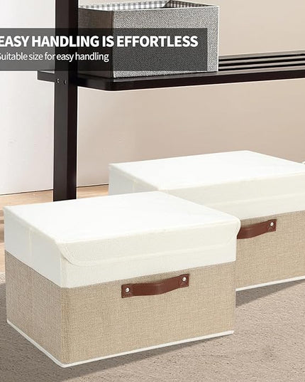 8 Pack Decorative Storage Bins Containers Fabric Bins with Lids Storage Baskets Bulk for Shelves Drawers, Desktop, Closet, Playroom, Classroom, Office, Bedroom, (15INx10INx10IN, Beige/White)