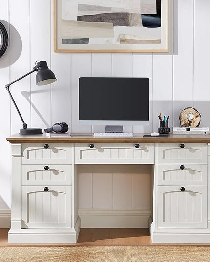 OKD 60" Executive Desk with Drawers, Farmhouse Home Office Desk with Charging Station, Keyboard Tray, File Cabinet Storage, Wood Computer Desk for Work and Study, Antique White