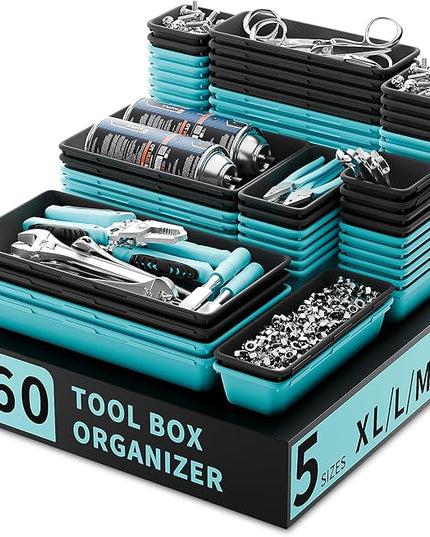 Tool Box Organizer Tray, Toolbox Desk Drawer Organizer, Tool Box Tray, Toolbox Organization Storage for Rolling Tool Chest (60PCS (Blue+Black))